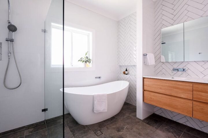 Completed home extension in Epping, Main bathroom featuring a freestanding bathtub